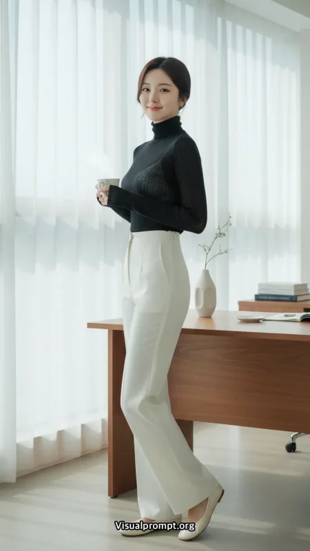 오피스의 고요한 순간, 터틀넥과 와이드 팬츠의 세련된 코디