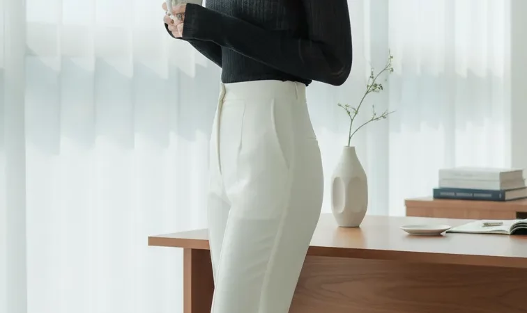 Korean woman office window black turtleneck white pants soft light