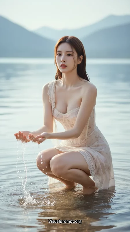 햇살 가득한 호숫가, 물놀이하는 한국 여성의 몽환적인 순간