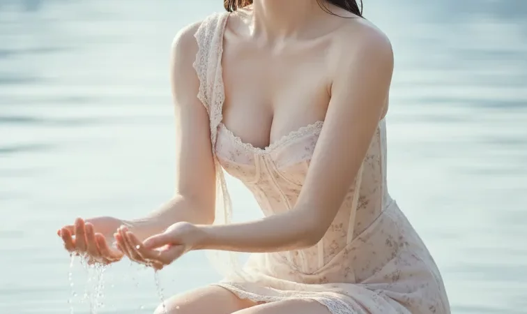 Woman playing in lake wet mini dress cottagecore sunlight