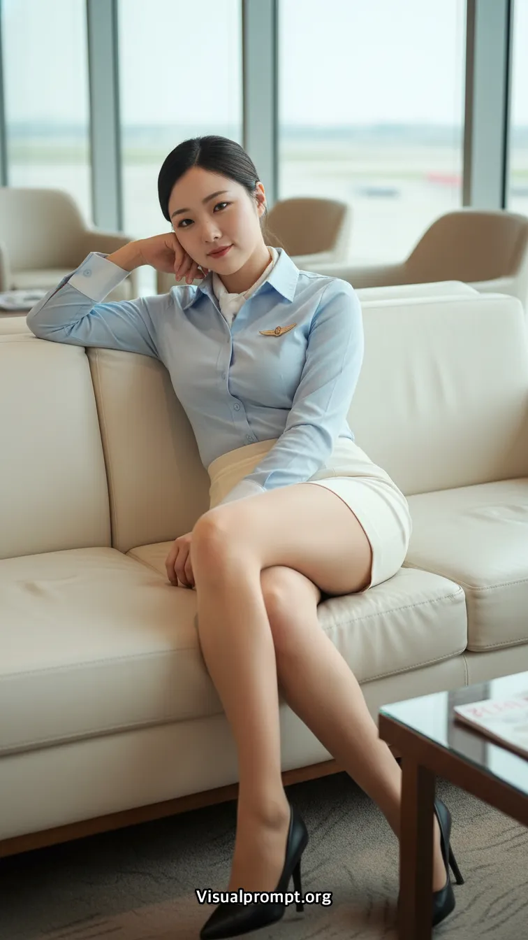 Airline uniform blue shirt beige mini sheer pantyhose heels