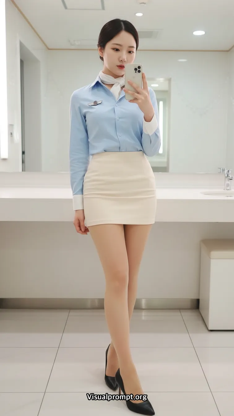 Airline uniform blue shirt beige mini sheer pantyhose heels