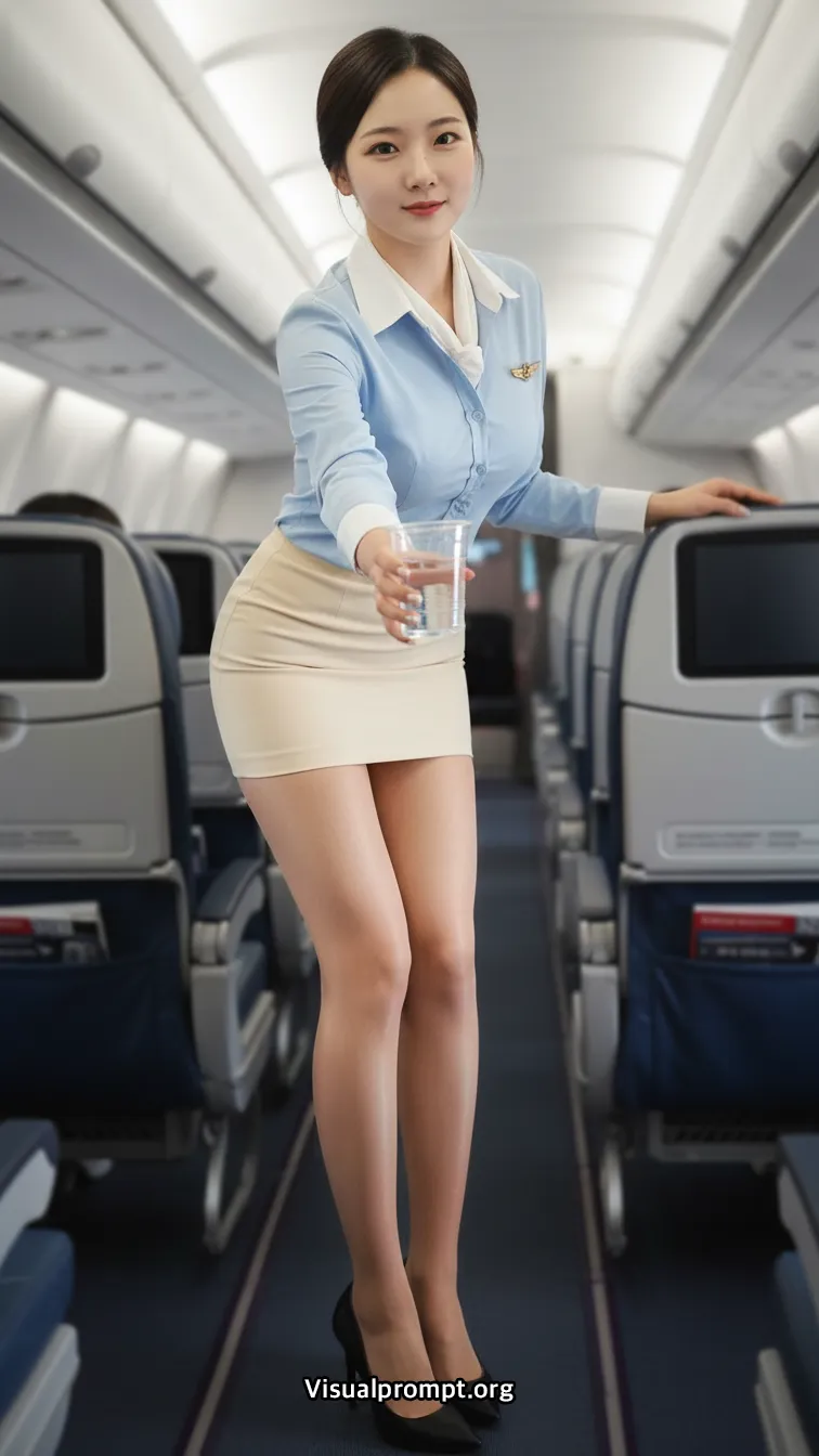 Airline uniform blue shirt beige mini sheer pantyhose heels