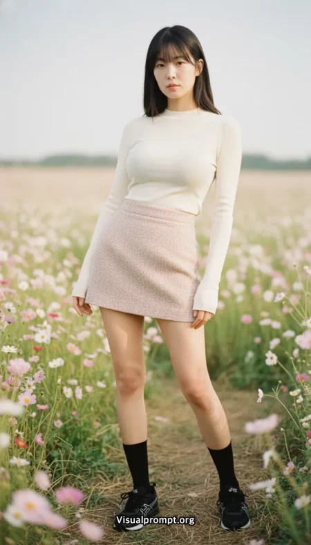 슬림 니트 핏과 트위드 미니스커트 룩