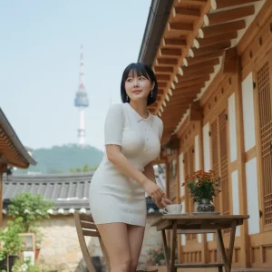 White knit mini dress hanok cafe namsan tower