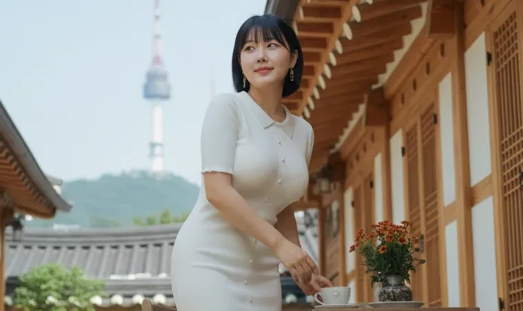 White knit mini dress hanok cafe namsan tower