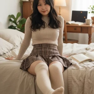Cozy bedroom knit sweater plaid miniskirt snap
